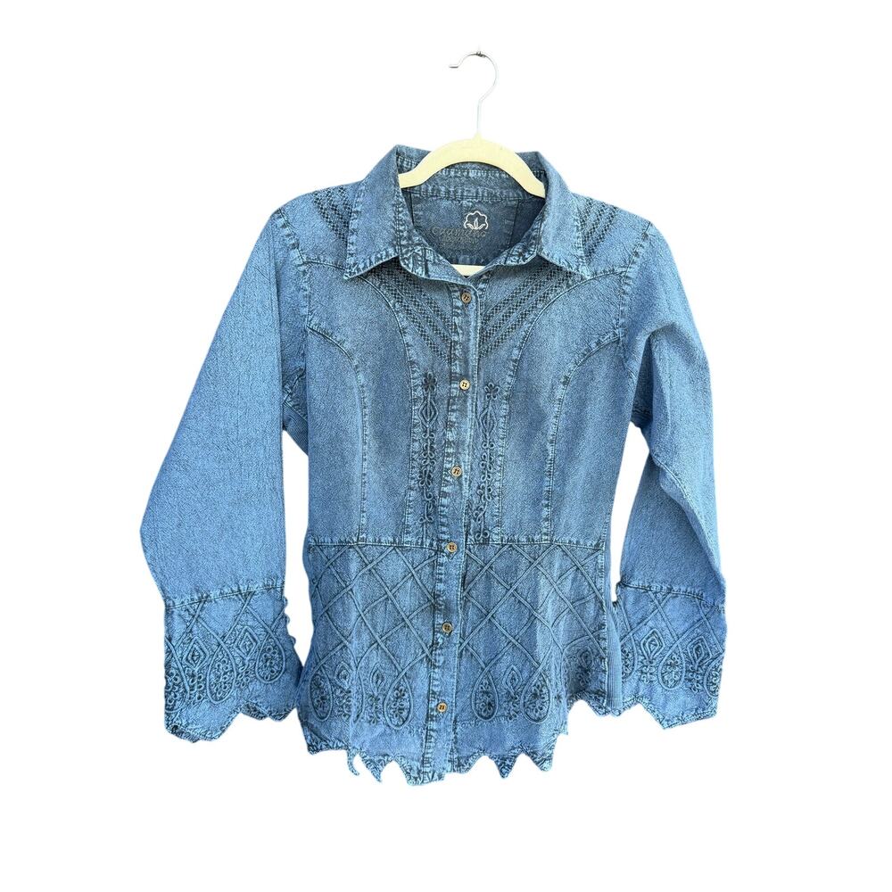 Caamano 100% Cotton Denim Embroidered Blouse M